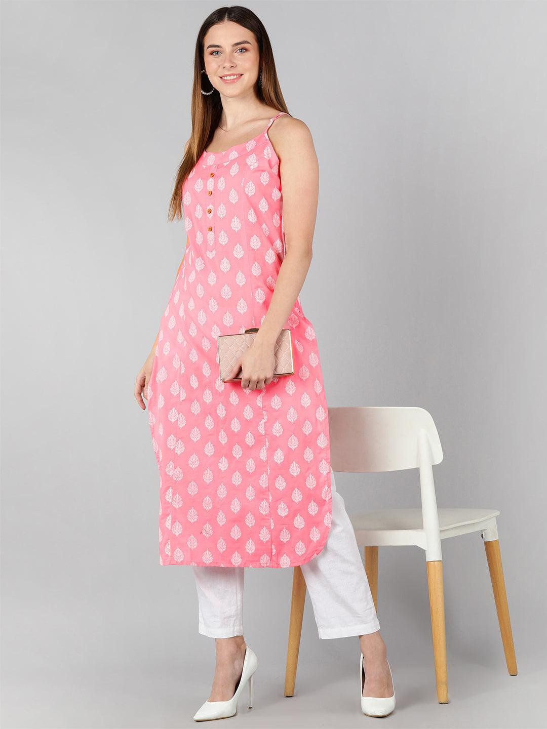 Floral Printed Baby Pink Sleeveless Straight Kurta - Znxclothing