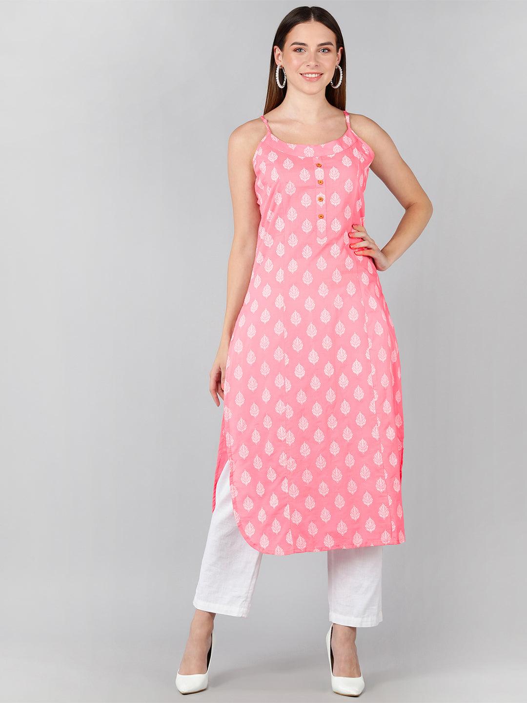 Floral Printed Baby Pink Sleeveless Straight Kurta - Znxclothing