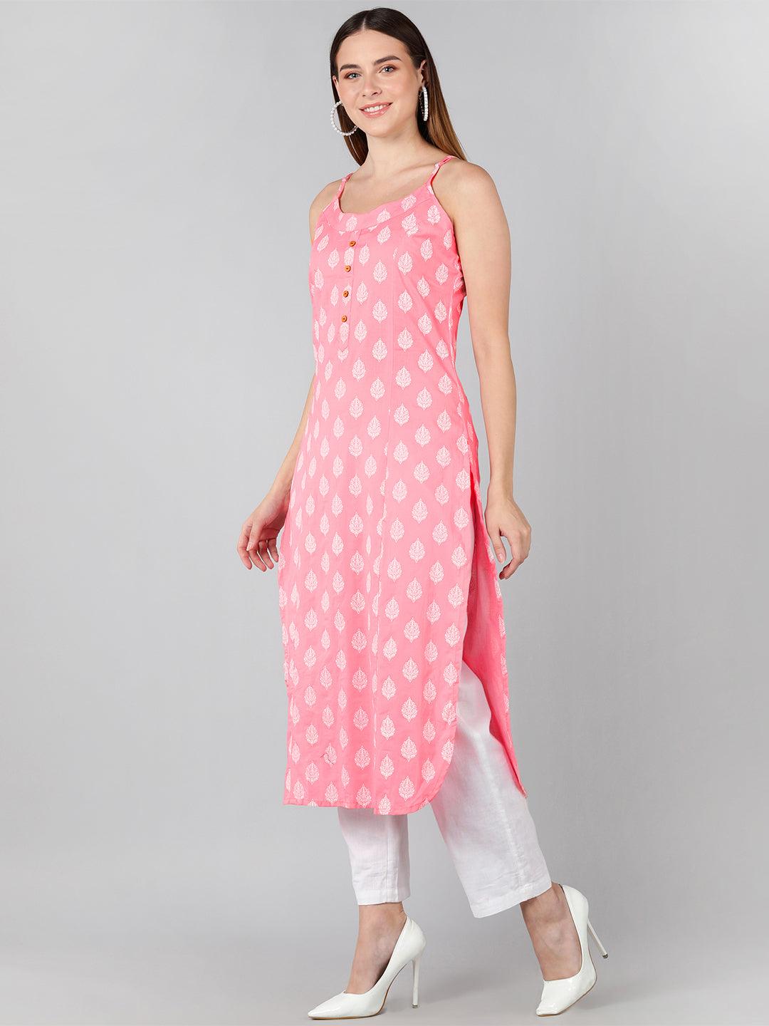 Floral Printed Baby Pink Sleeveless Straight Kurta - Znxclothing