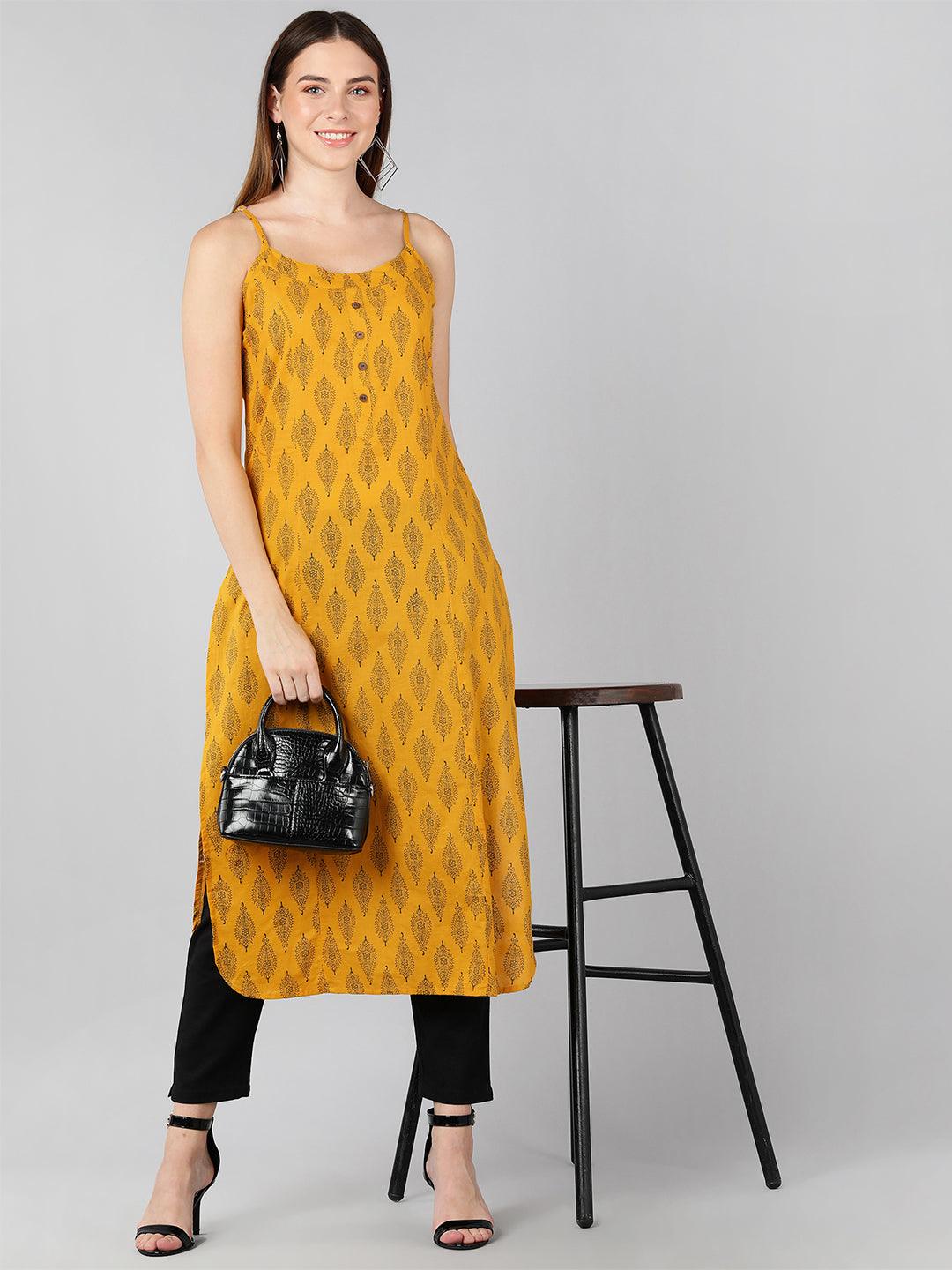 Floral Printed Yellow Sleeveless Straight Kurta - Znxclothing