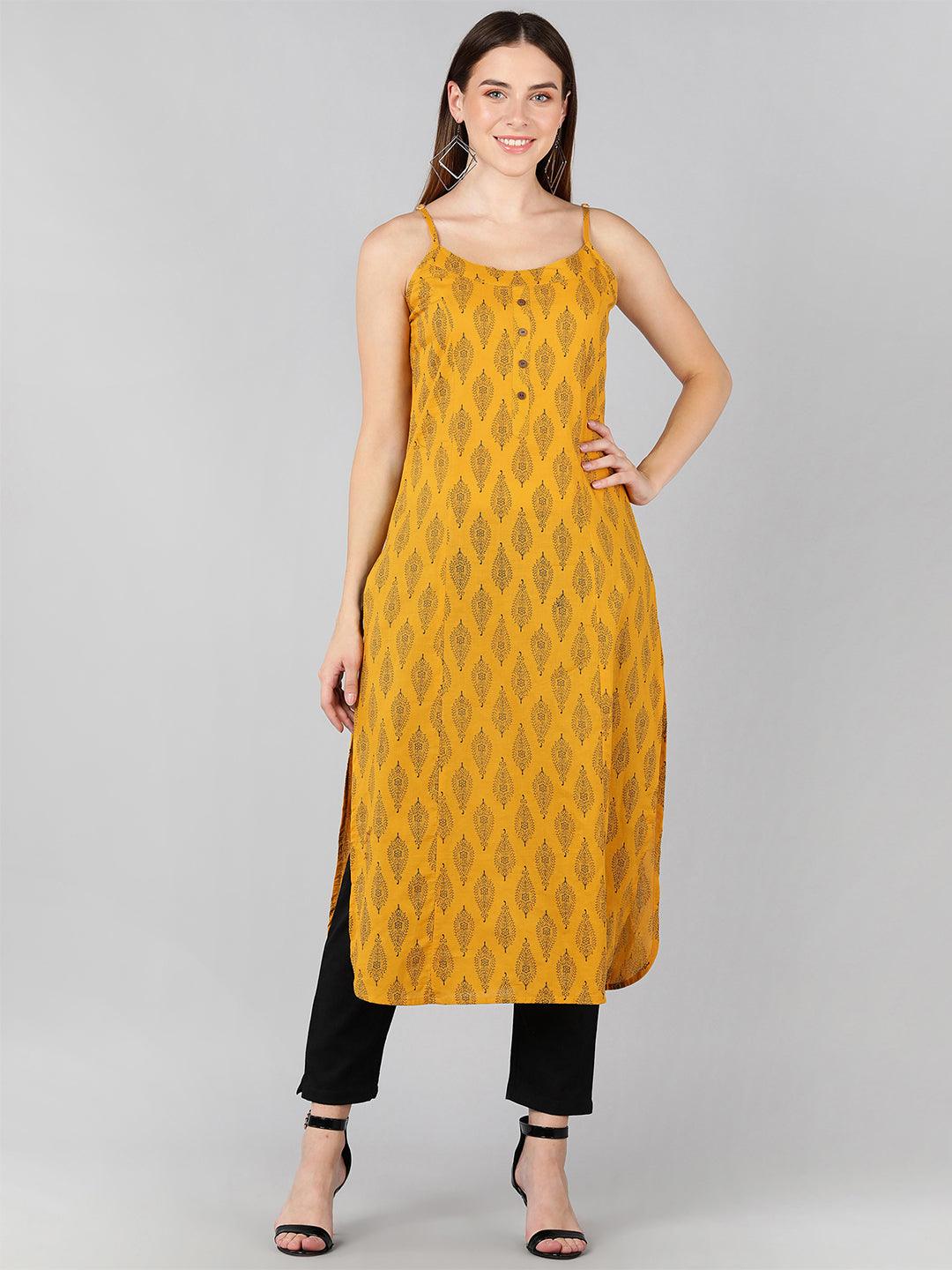 Floral Printed Yellow Sleeveless Straight Kurta - Znxclothing