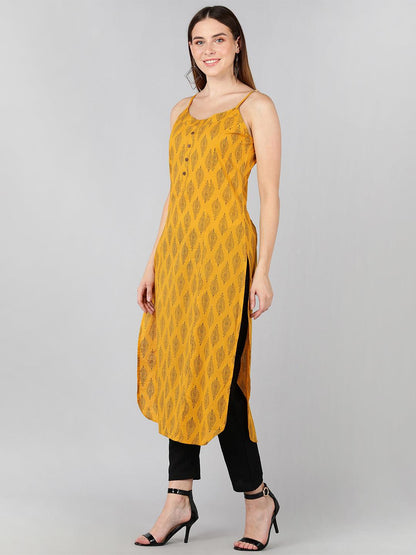 Floral Printed Yellow Sleeveless Straight Kurta - Znxclothing