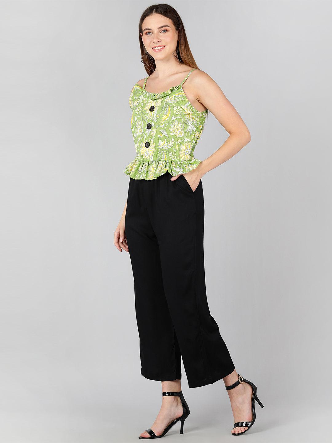 White Floral Printed Green &amp; Black Jumpsuit - Znxclothing