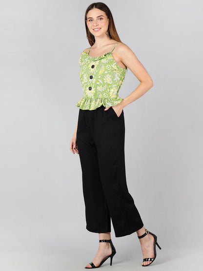 White Floral Printed Green &amp; Black Jumpsuit - Znxclothing