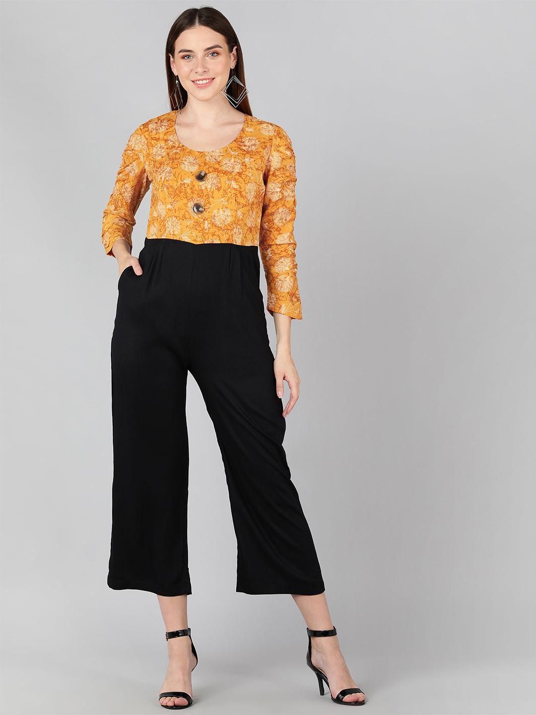 White Floral Printed Mustard  &amp; Black Jumpsuit - Znxclothing