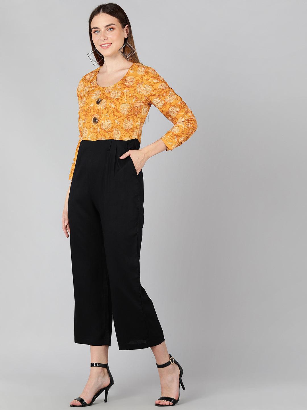 White Floral Printed Mustard  &amp; Black Jumpsuit - Znxclothing