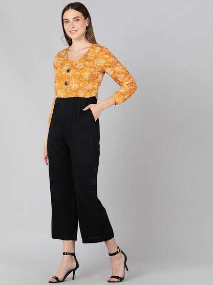 White Floral Printed Mustard  &amp; Black Jumpsuit - Znxclothing