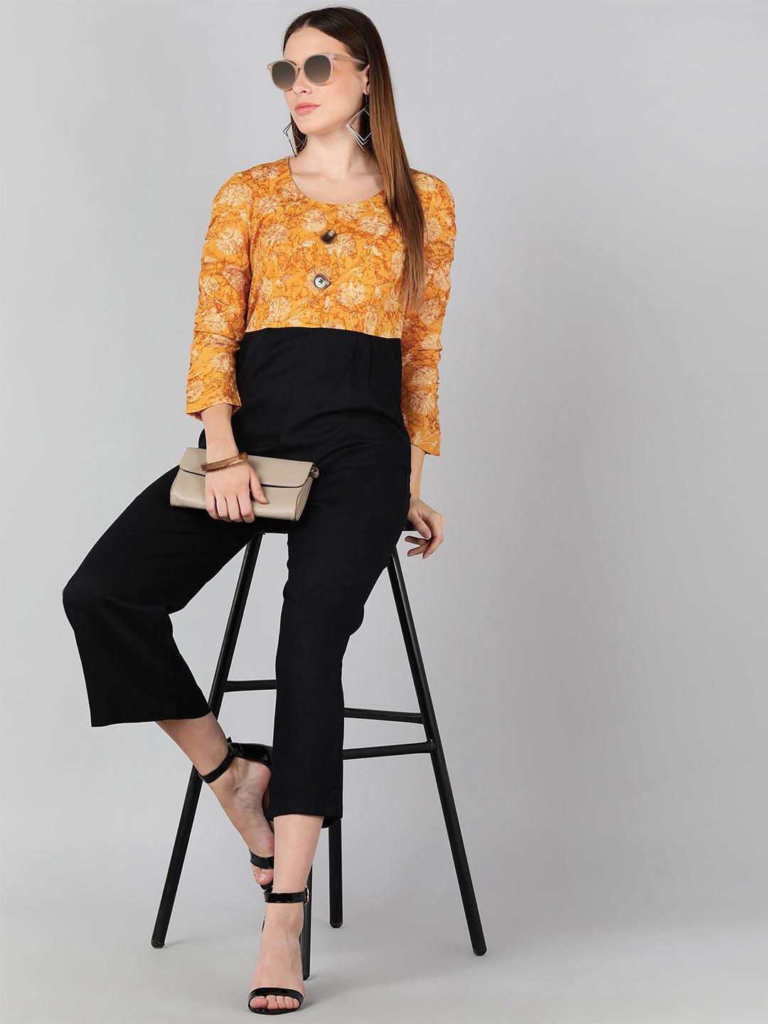 White Floral Printed Mustard  &amp; Black Jumpsuit - Znxclothing