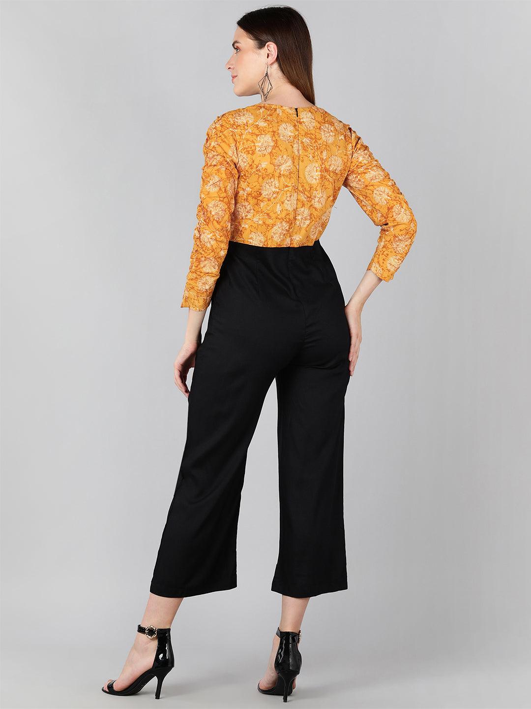 White Floral Printed Mustard  &amp; Black Jumpsuit - Znxclothing