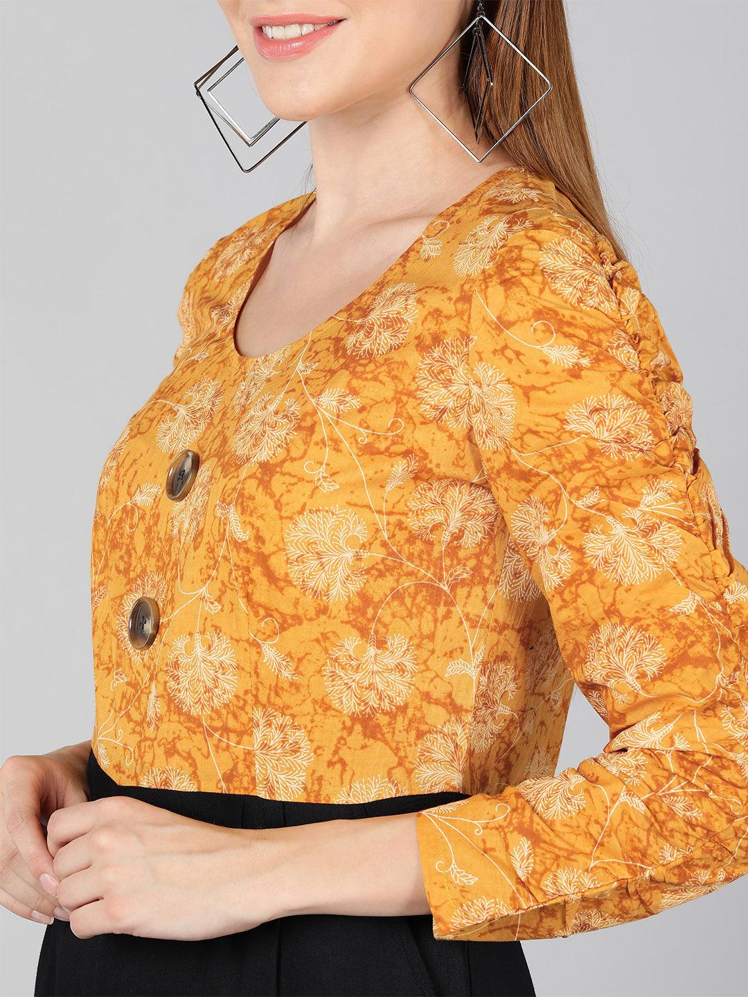 White Floral Printed Mustard  &amp; Black Jumpsuit - Znxclothing