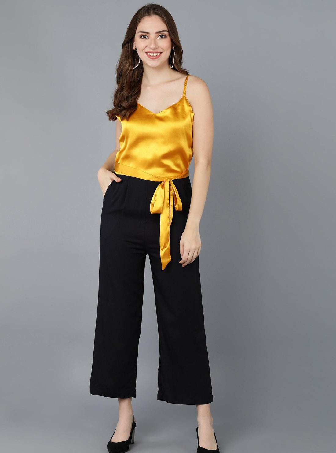 Yellow Satin &amp; Black Jumpsuit - Znxclothing