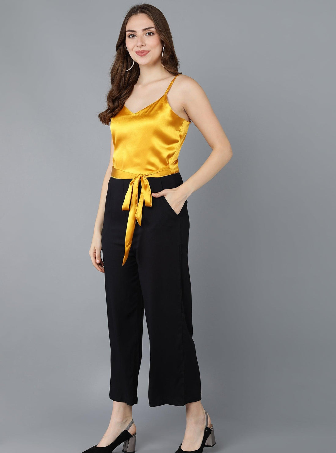 Yellow Satin &amp; Black Jumpsuit - Znxclothing