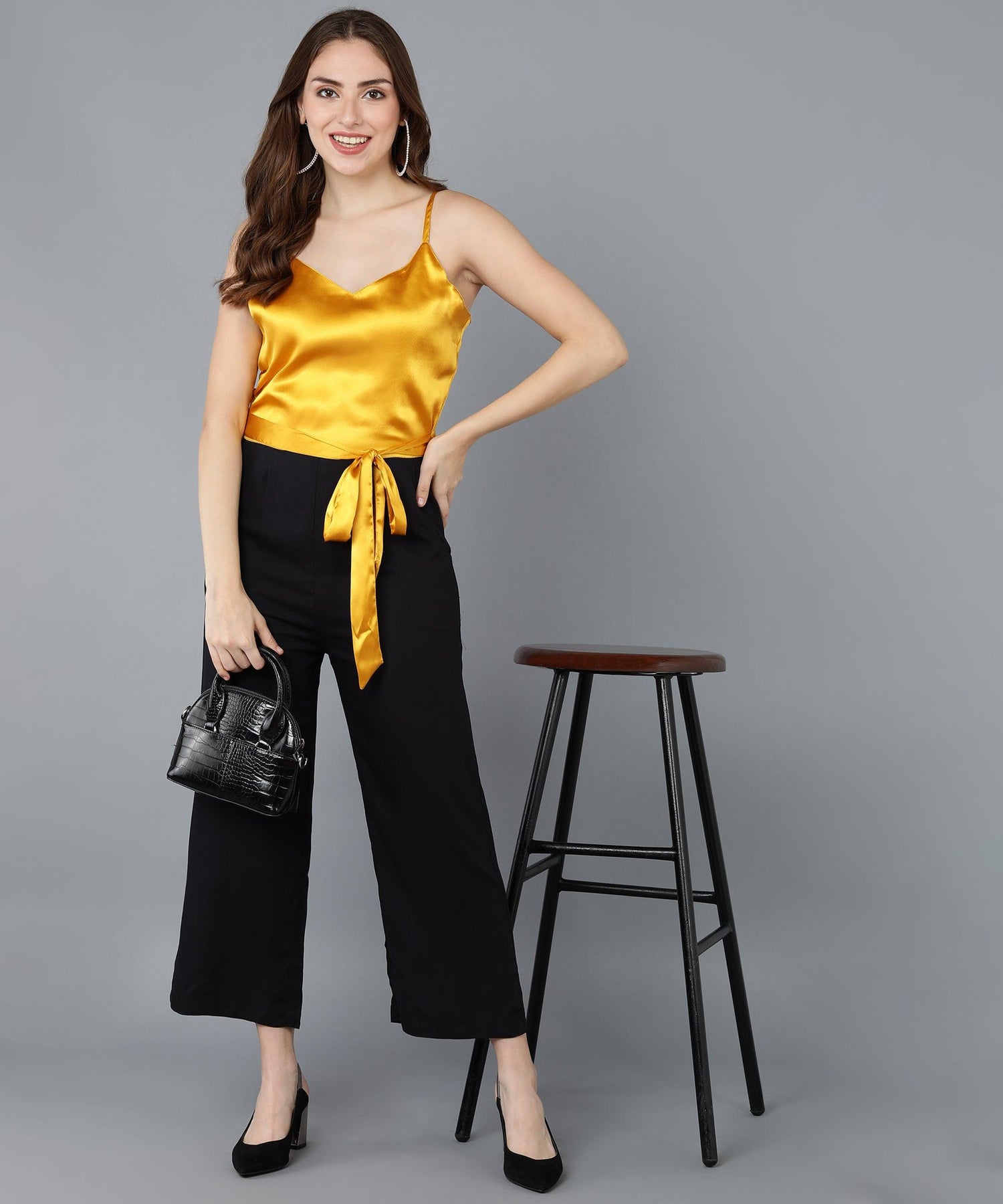 Yellow Satin &amp; Black Jumpsuit - Znxclothing
