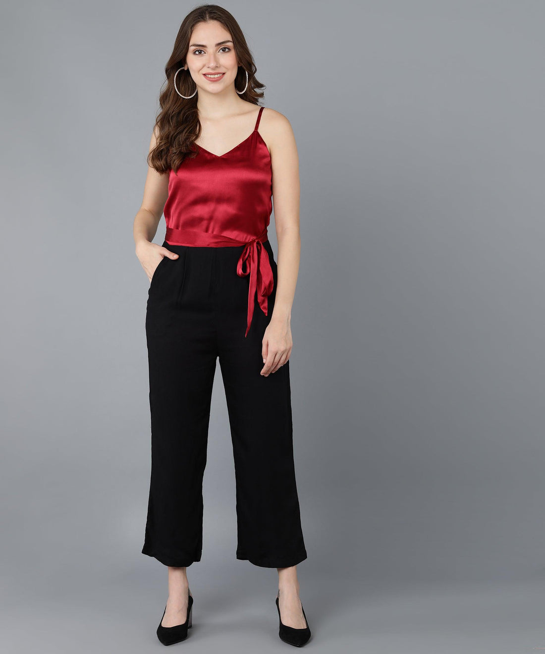 Maroon Satin &amp; Black Jumpsuit - Znxclothing