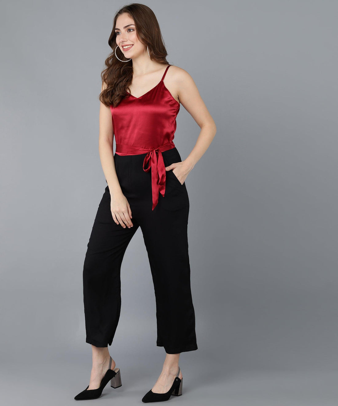 Maroon Satin &amp; Black Jumpsuit - Znxclothing
