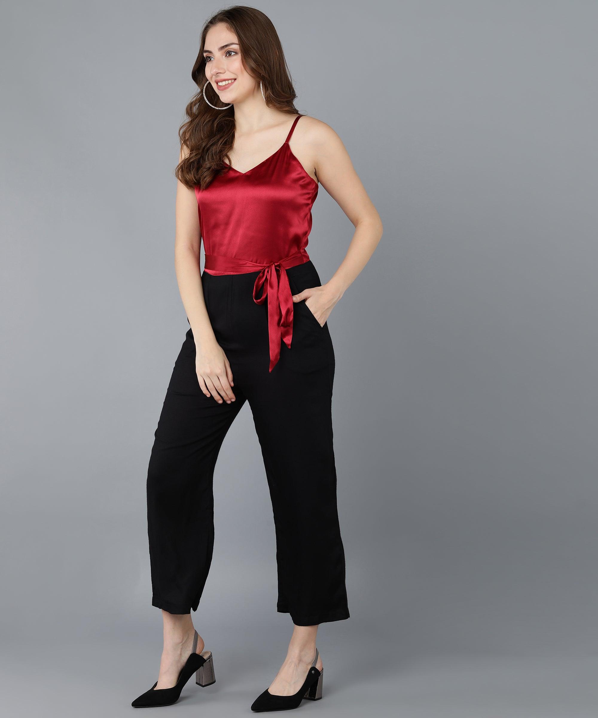 Maroon Satin &amp; Black Jumpsuit - Znxclothing