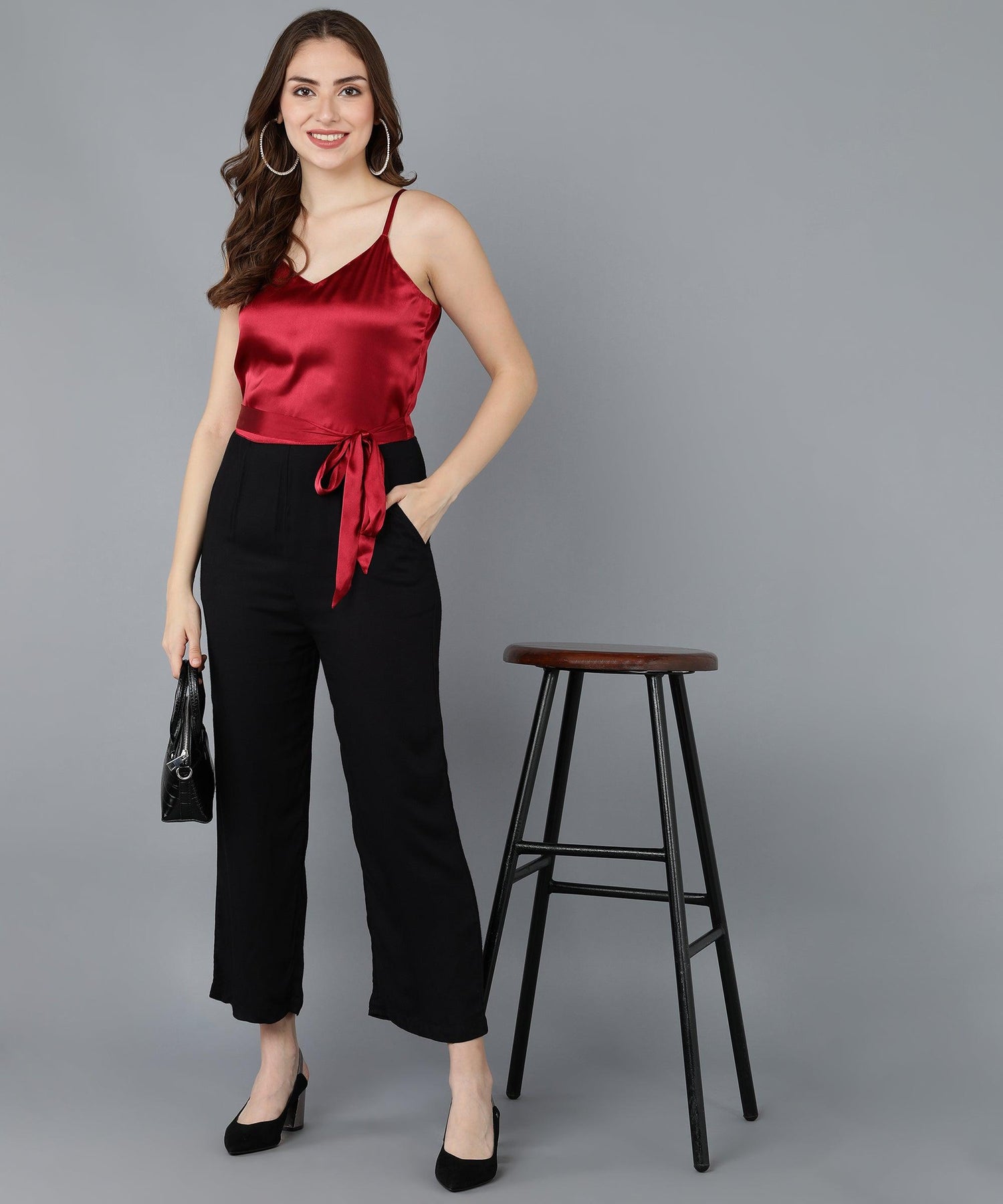 Maroon Satin &amp; Black Jumpsuit - Znxclothing
