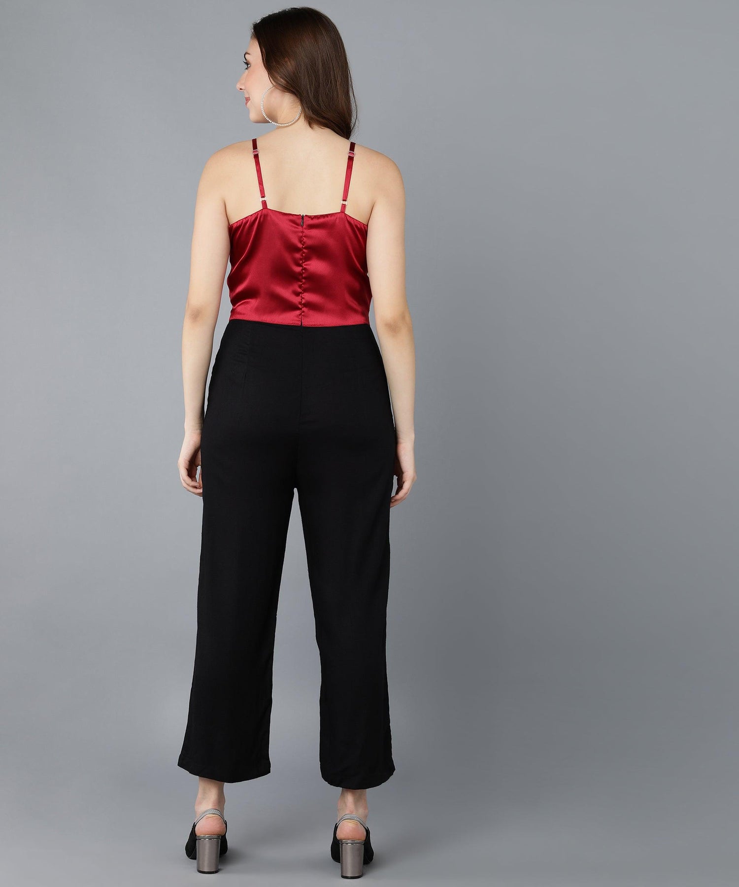 Maroon Satin &amp; Black Jumpsuit - Znxclothing