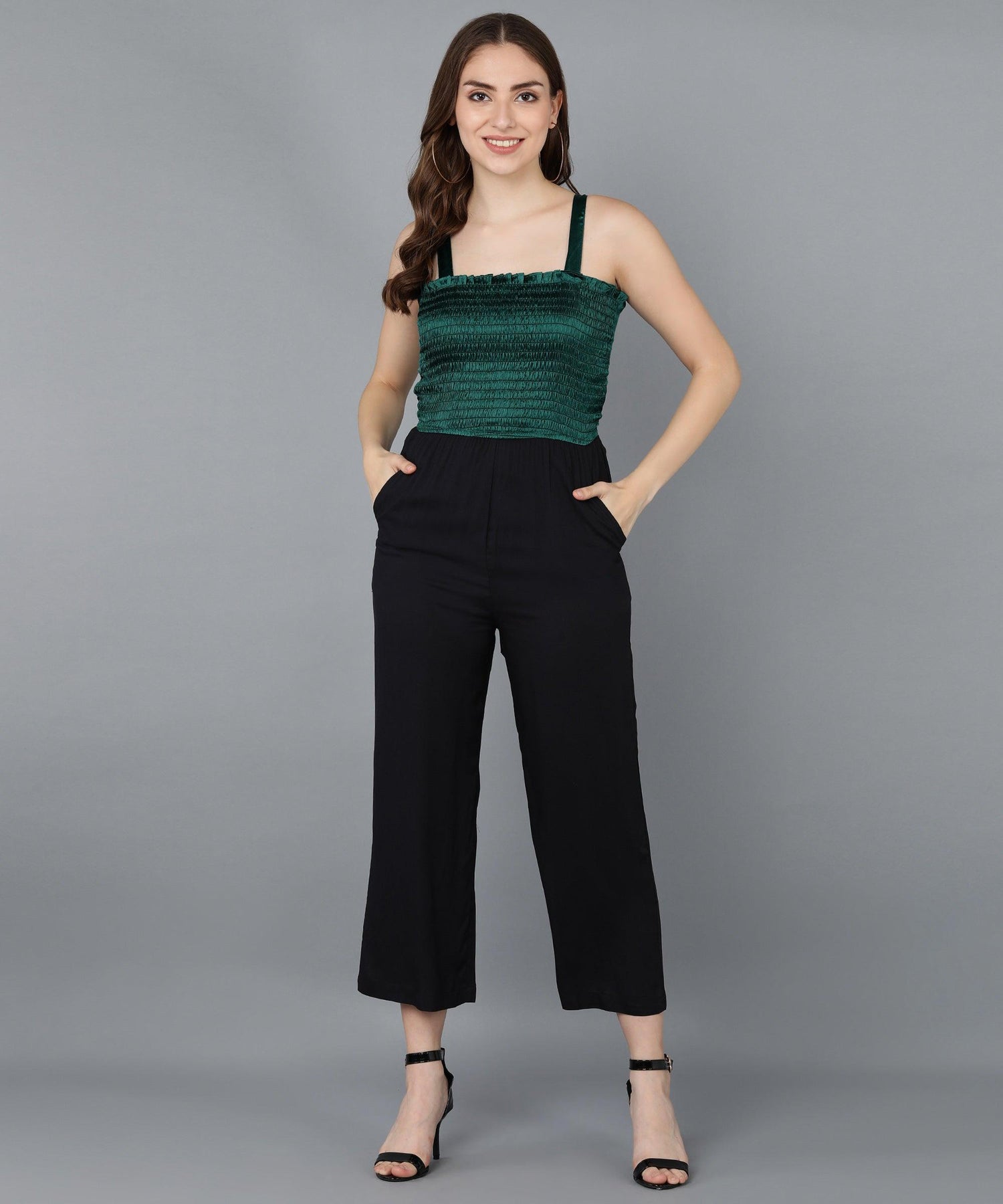 Green Satin Smoking &amp; Solid Black Jmupsuit - Znxclothing