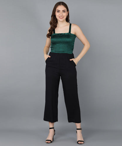 Green Satin Smoking &amp; Solid Black Jmupsuit - Znxclothing