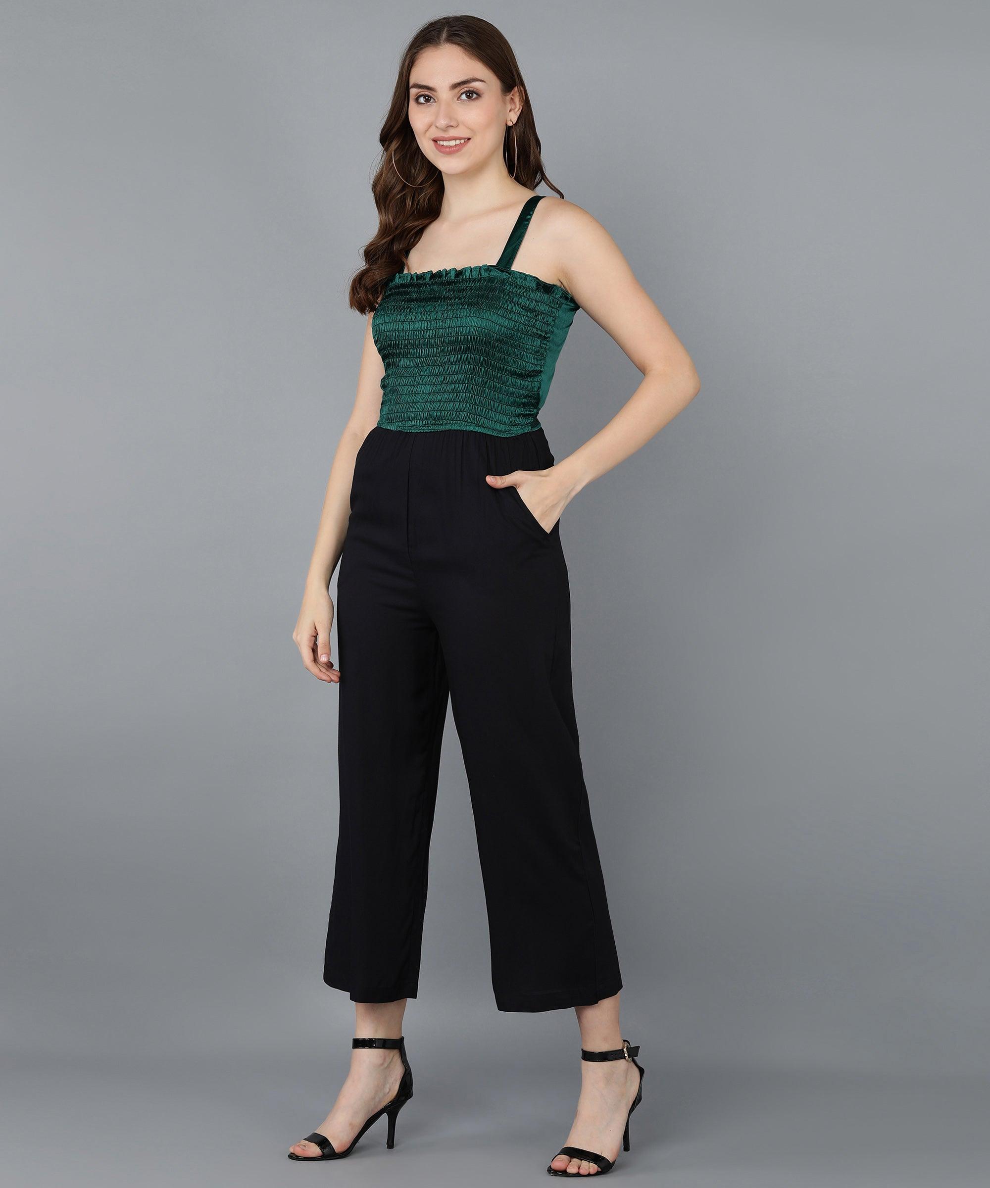 Green Satin Smoking &amp; Solid Black Jmupsuit - Znxclothing