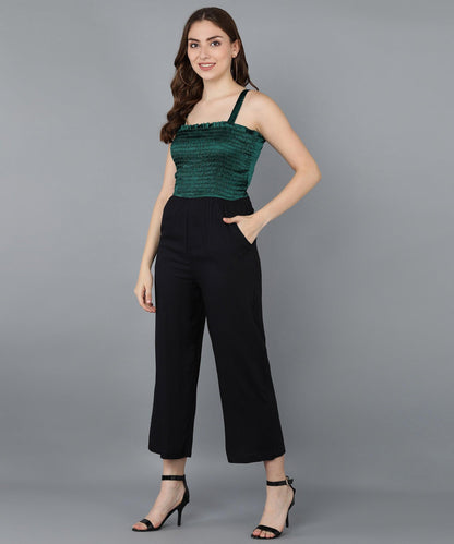 Green Satin Smoking &amp; Solid Black Jmupsuit - Znxclothing