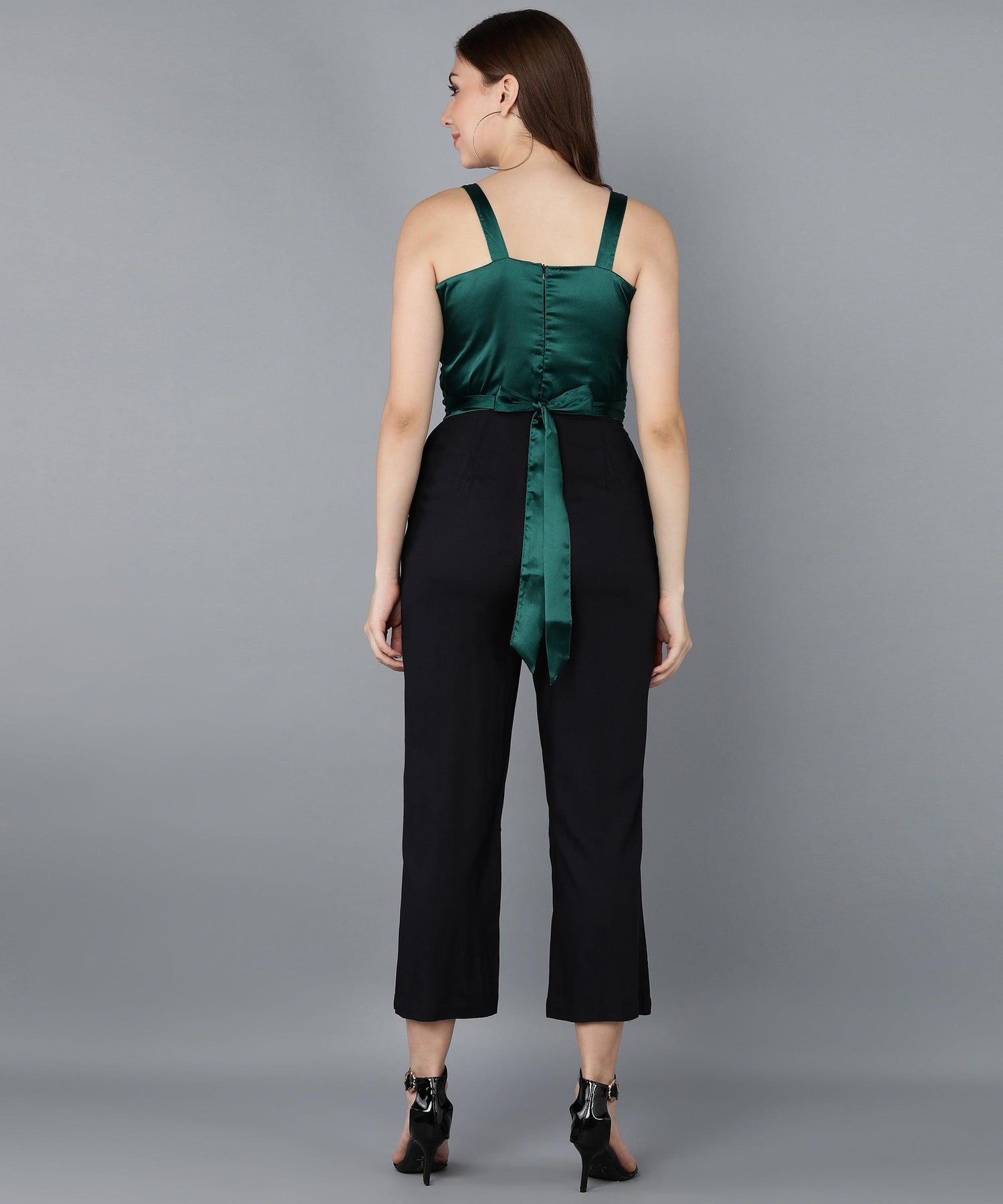 Green Satin Smoking &amp; Solid Black Jmupsuit - Znxclothing