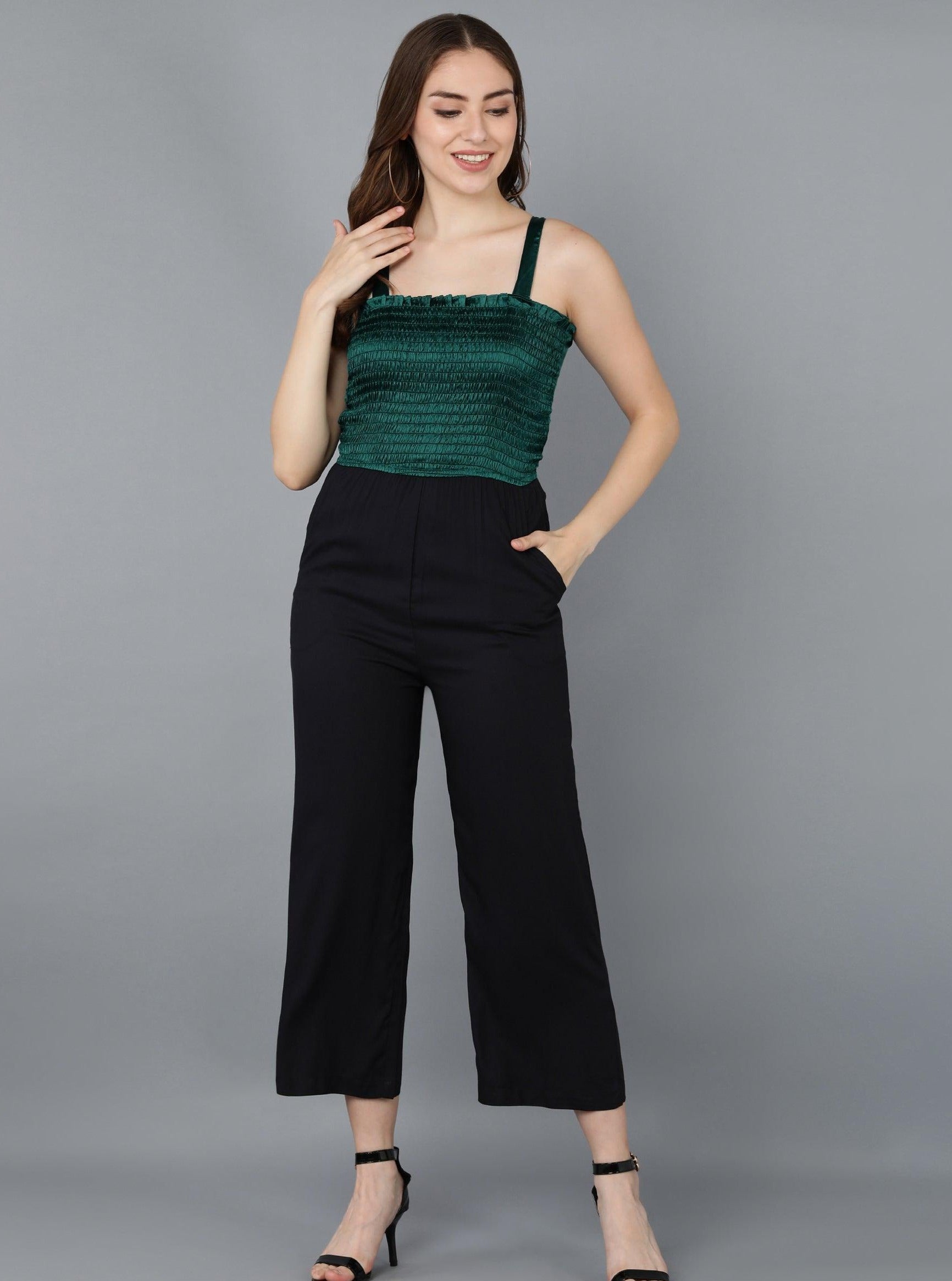 Green Satin Smoking &amp; Solid Black Jmupsuit - Znxclothing