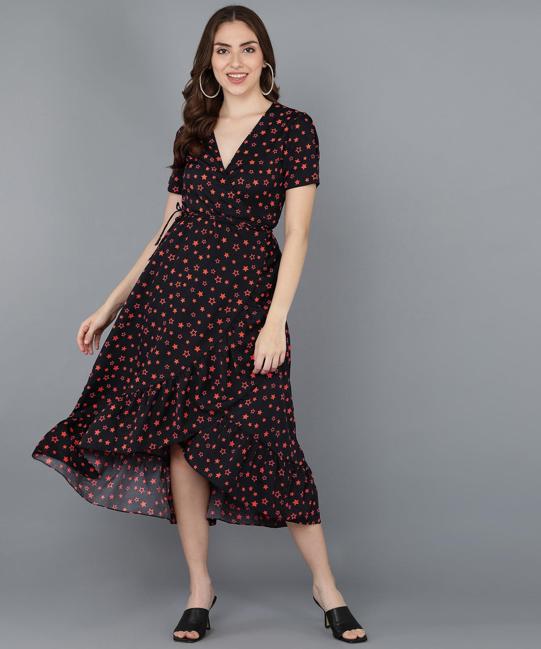 Red Stars Frilled Black Dress - Znxclothing