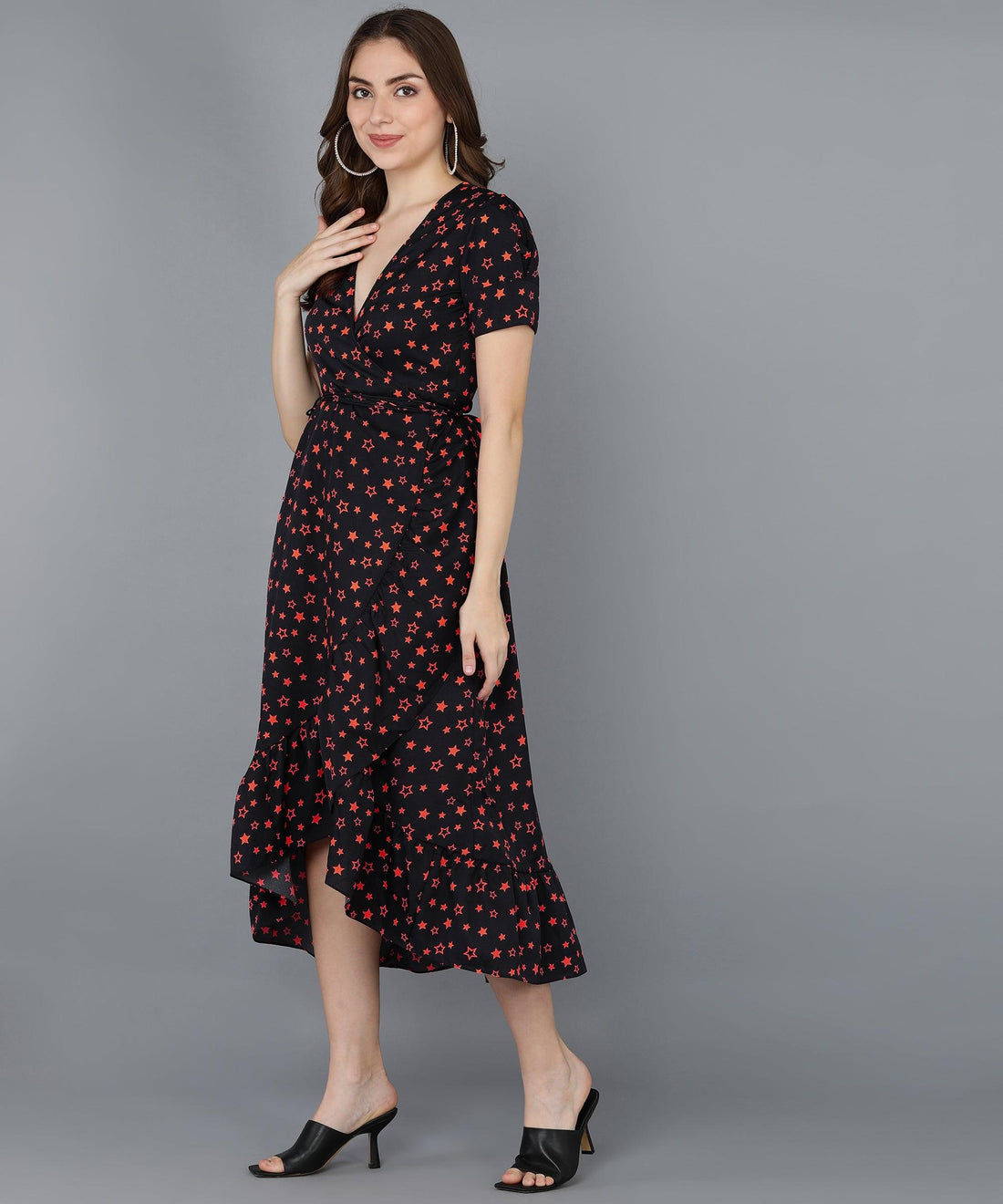 Red Stars Frilled Black Dress - Znxclothing