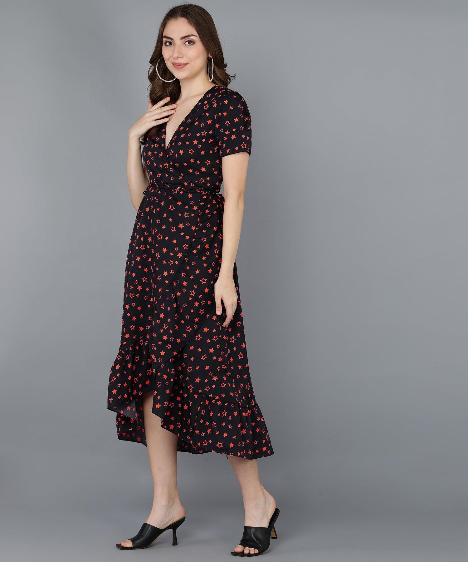 Red Stars Frilled Black Dress - Znxclothing