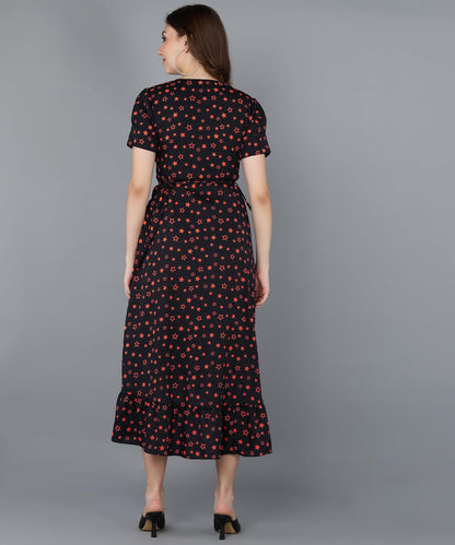 Red Stars Frilled Black Dress - Znxclothing