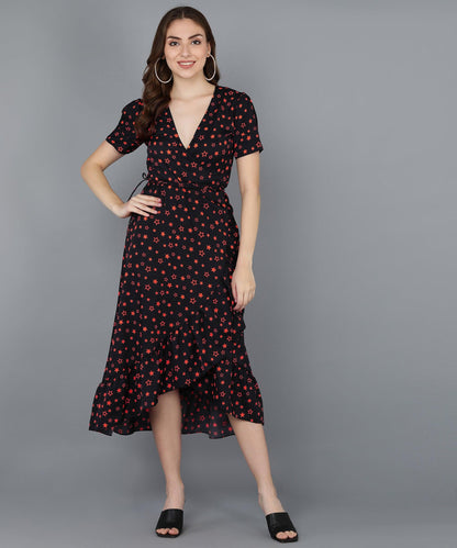Red Stars Frilled Black Dress - Znxclothing