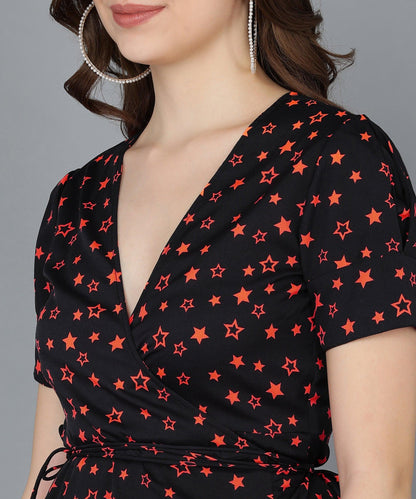 Red Stars Frilled Black Dress - Znxclothing