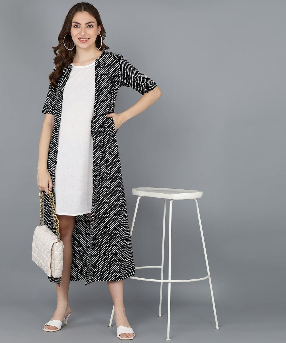 Black Leheriya Printed Jacket With Solid White Dress - Znxclothing