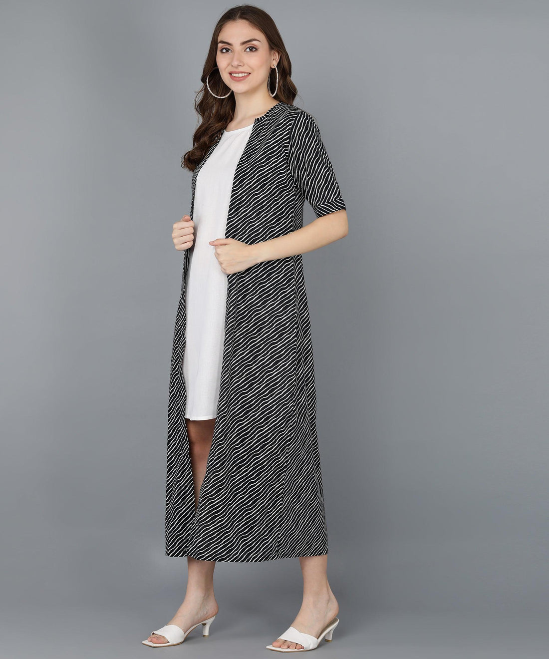 Black Leheriya Printed Jacket With Solid White Dress - Znxclothing