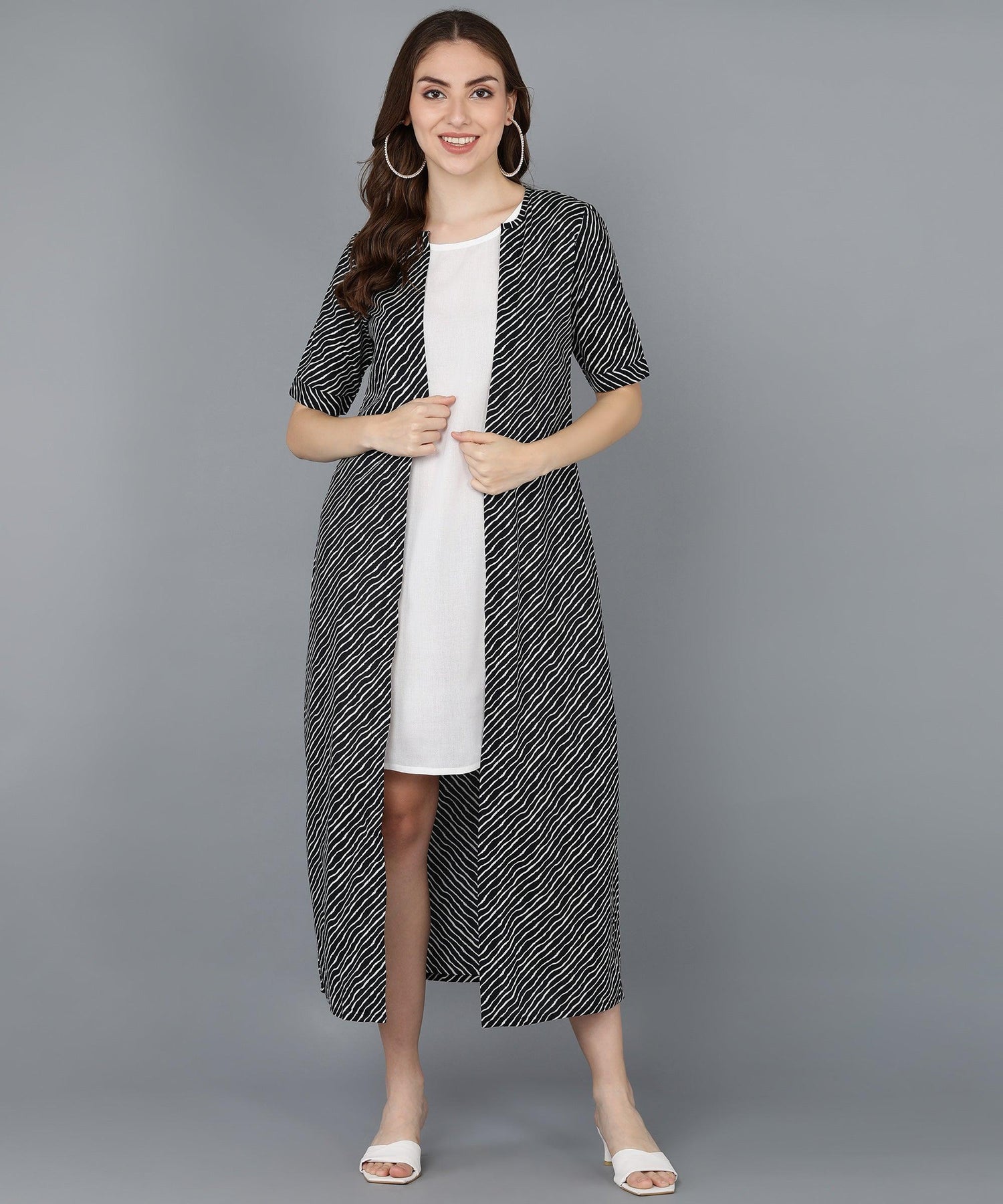 Black Leheriya Printed Jacket With Solid White Dress - Znxclothing