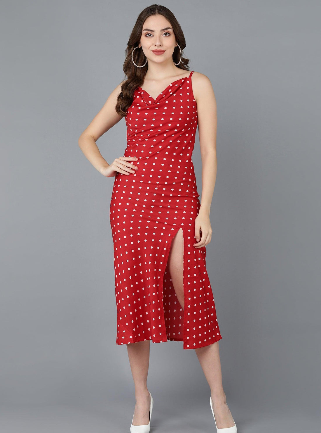 White Polka Dot Cowl Neck Red Sheath Dress - Znxclothing