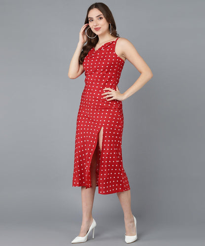 White Polka Dot Cowl Neck Red Sheath Dress - Znxclothing