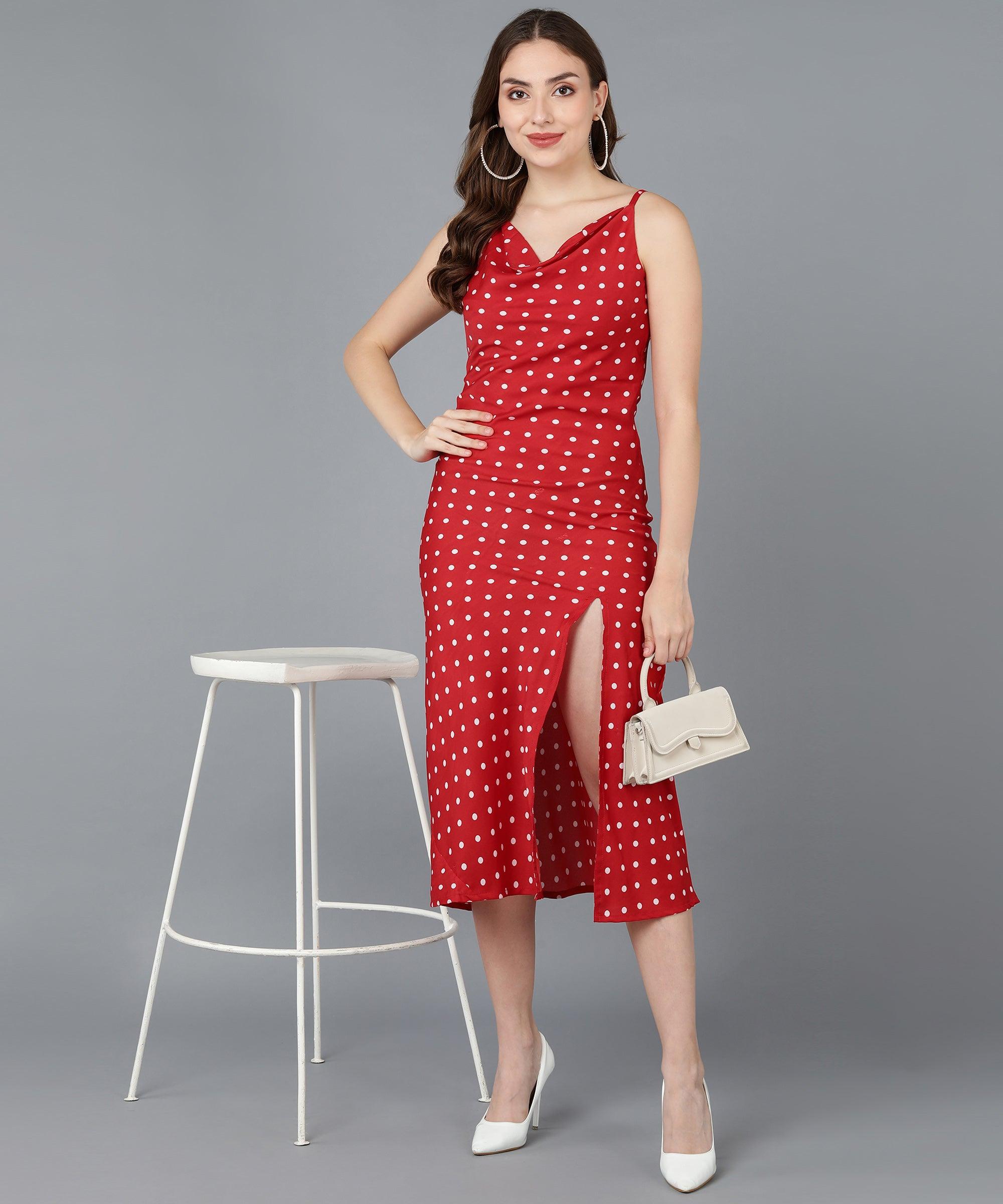 White Polka Dot Cowl Neck Red Sheath Dress - Znxclothing