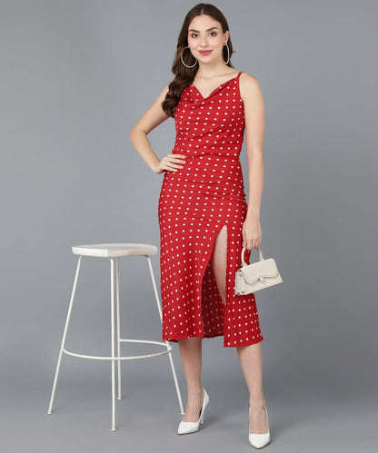 White Polka Dot Cowl Neck Red Sheath Dress - Znxclothing