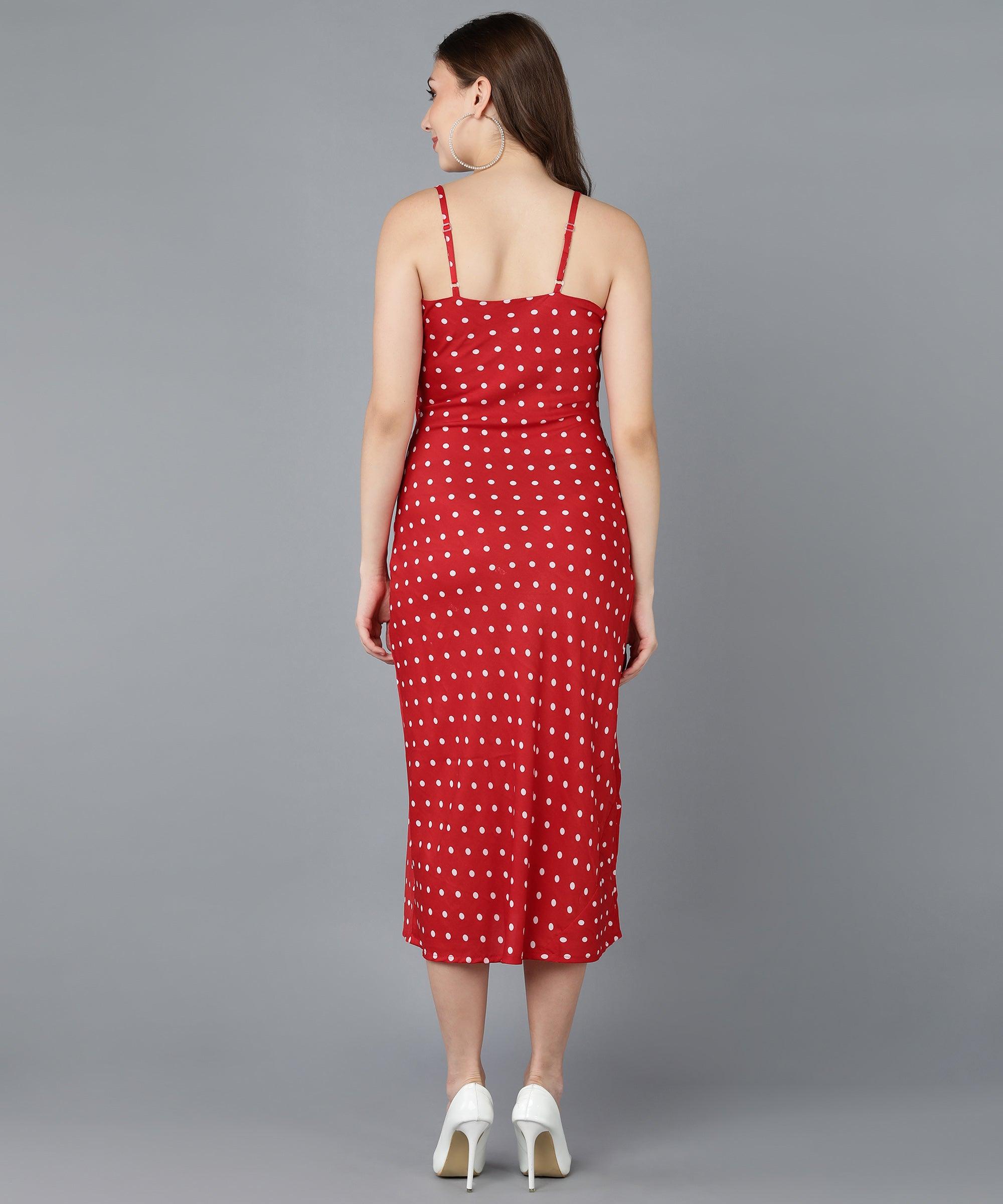 White Polka Dot Cowl Neck Red Sheath Dress - Znxclothing