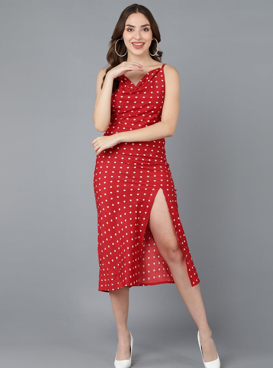White Polka Dot Cowl Neck Red Sheath Dress - Znxclothing