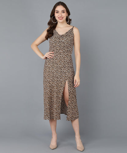 Animal Printed Cowl Neck Brown Sheath Dress - Znxclothing