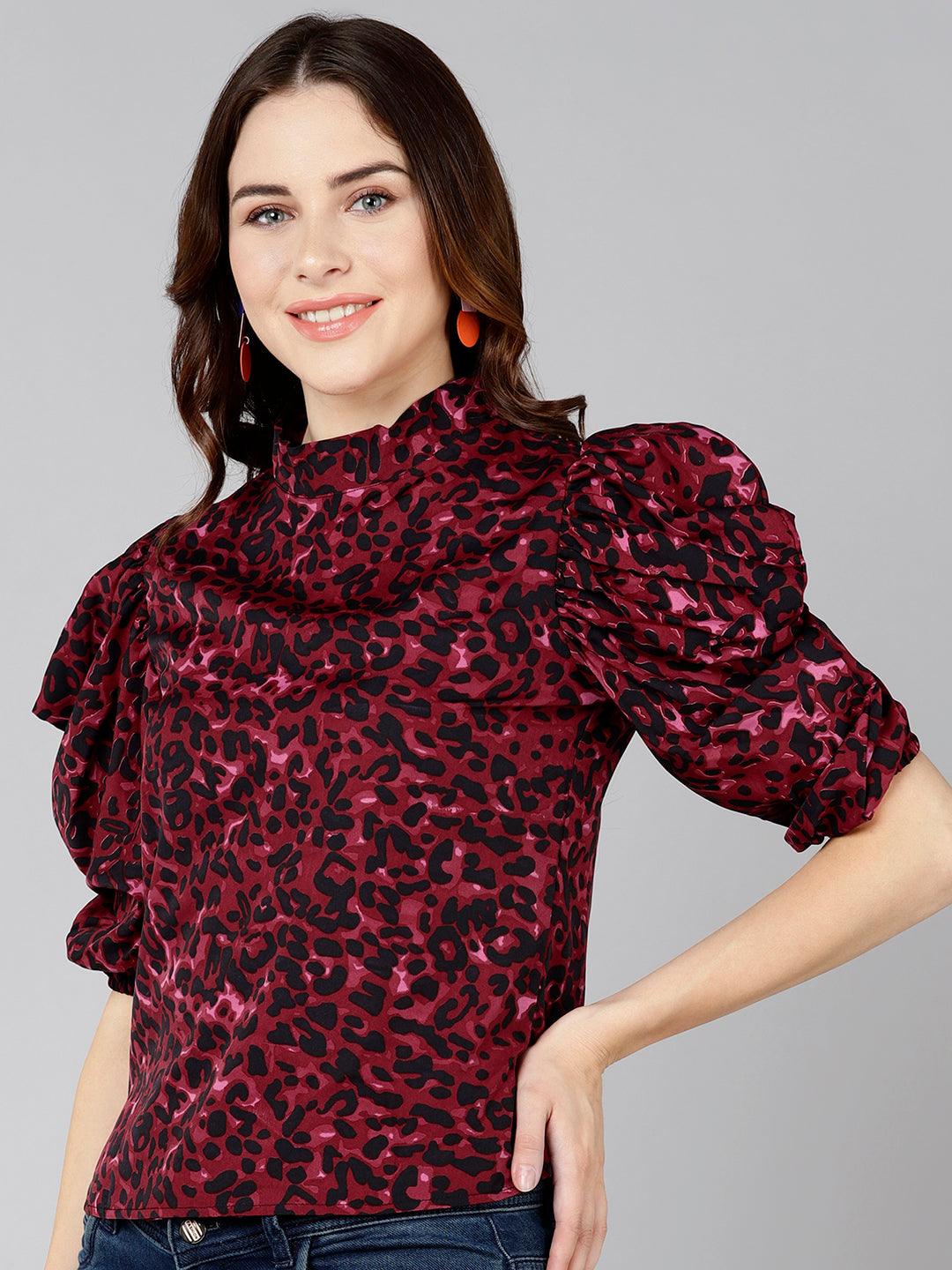 Burgundy Animal Printed Top - Znxclothing
