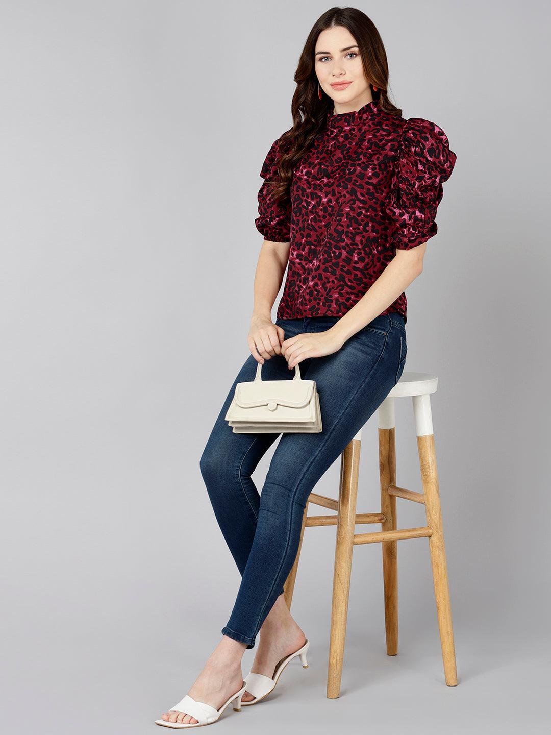 Burgundy Animal Printed Top - Znxclothing