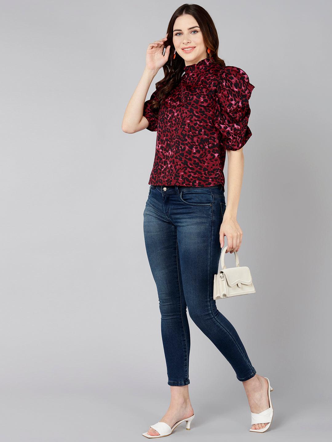 Burgundy Animal Printed Top - Znxclothing