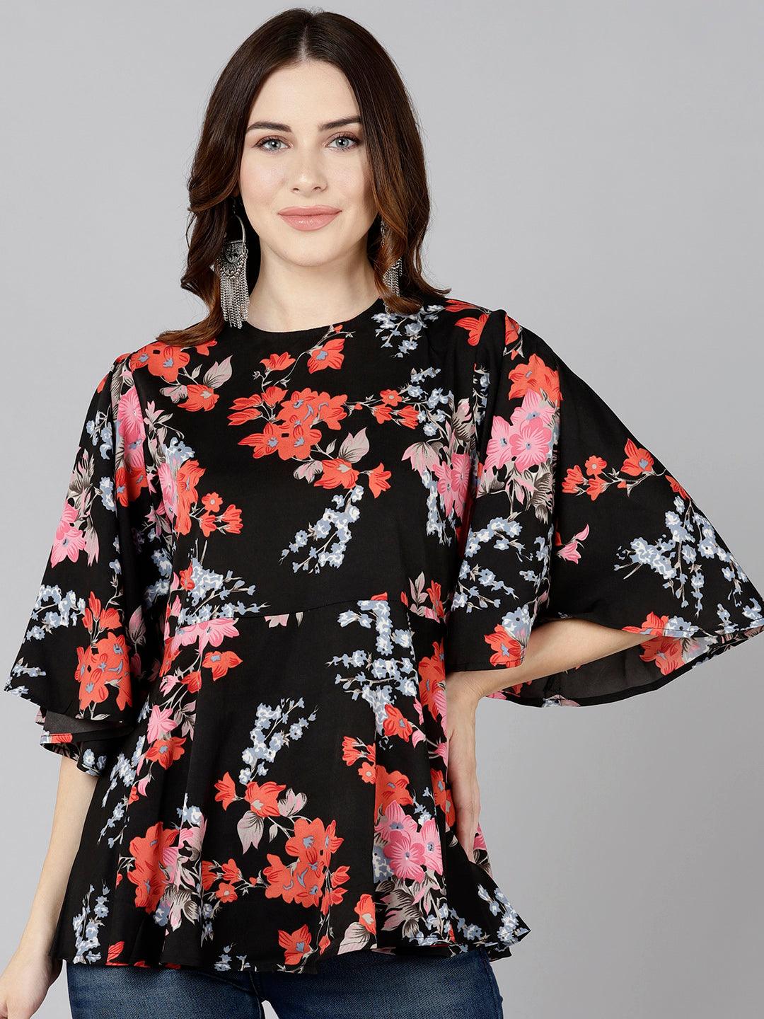 Red Floral Printed black Top - Znxclothing