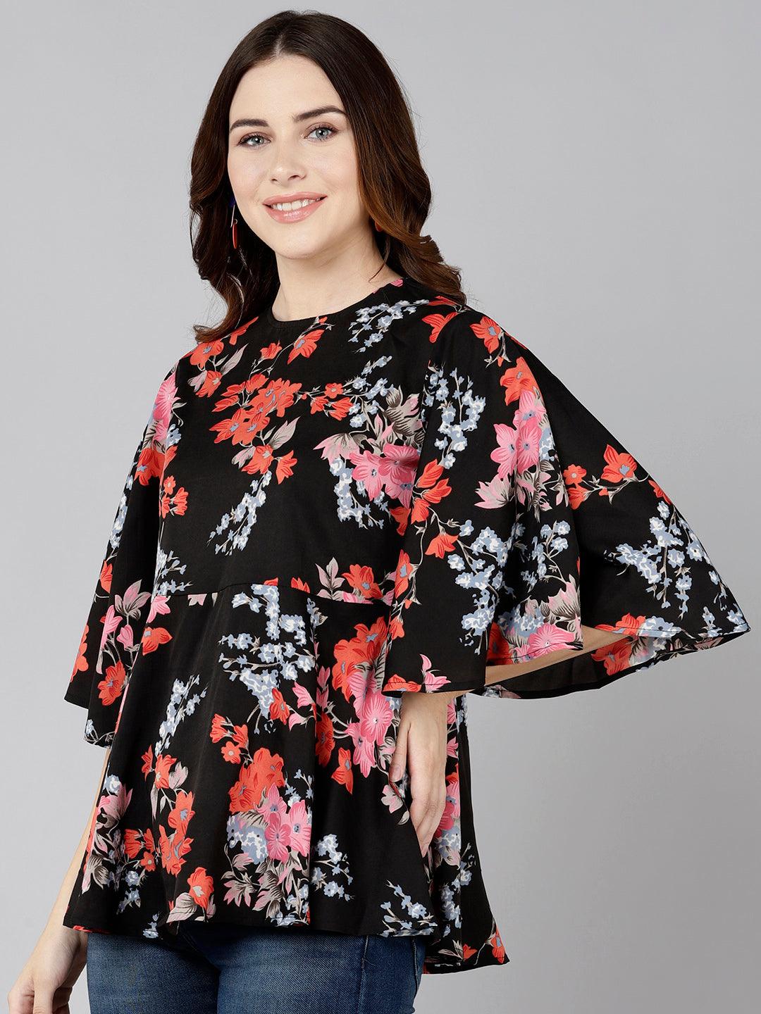 Red Floral Printed black Top - Znxclothing