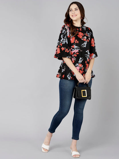 Red Floral Printed black Top - Znxclothing